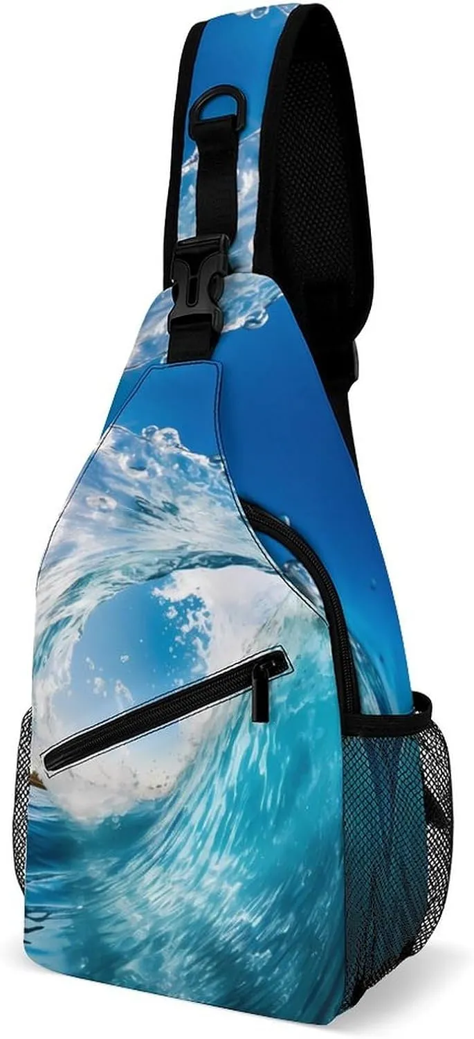 Blue Ocean Wave Surfing Sling Bag for Men Women Durable Crossbody Backpack Chest Bag Daypack for Travel Hiking