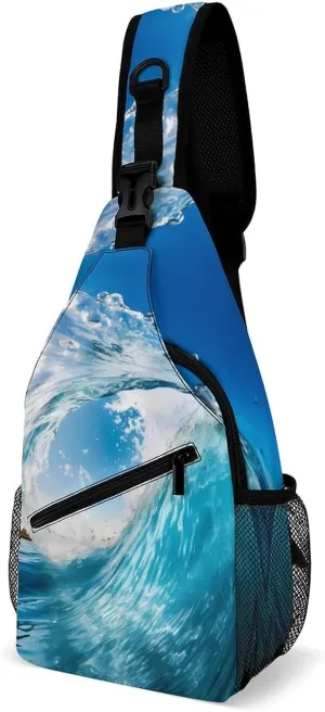 Blue Ocean Wave Surfing Sling Bag for Men Women Durable Crossbody Backpack Chest Bag Daypack for Travel Hiking