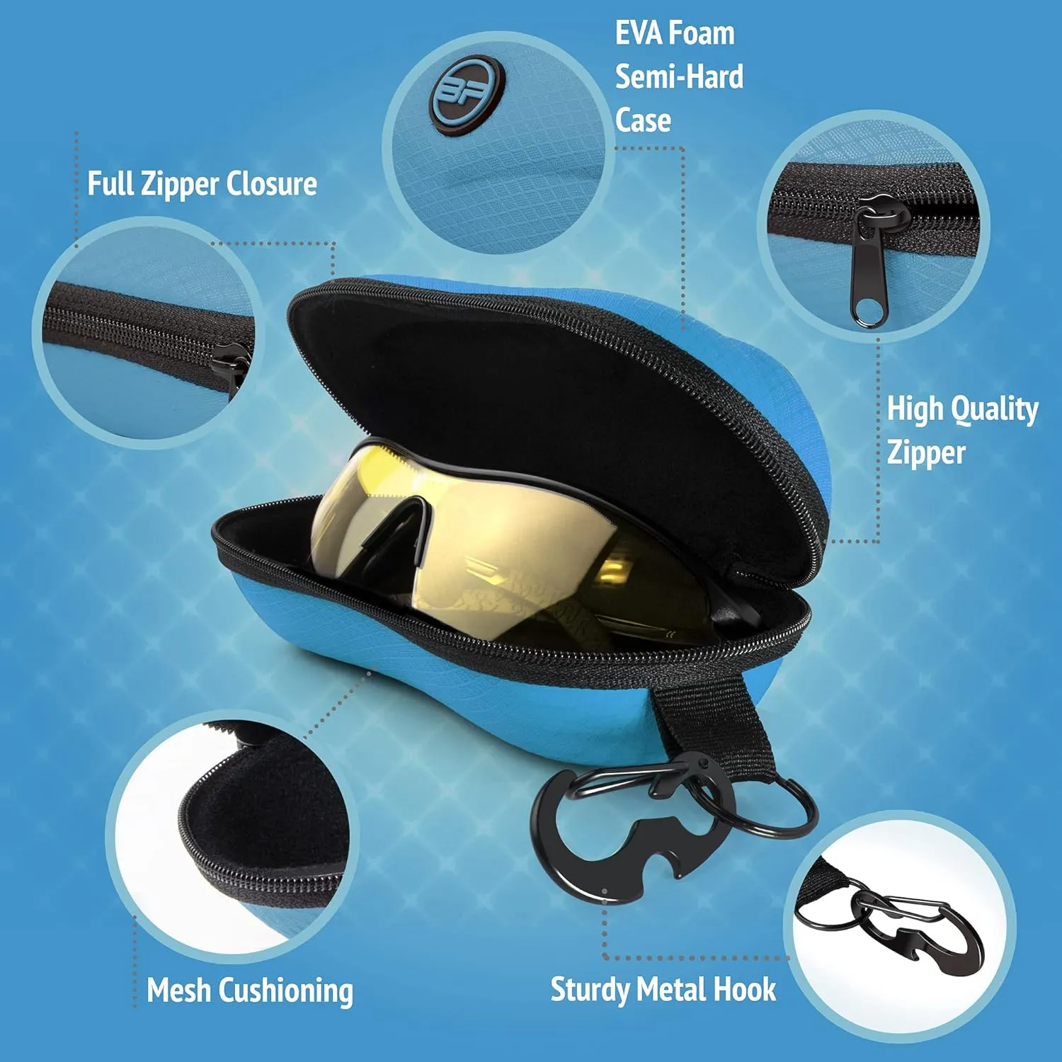 BLUPOND Sunglasses Case Semi Hard EVA Shell with Metal Hanging Hook Belt Clip Sun Glasses Storage