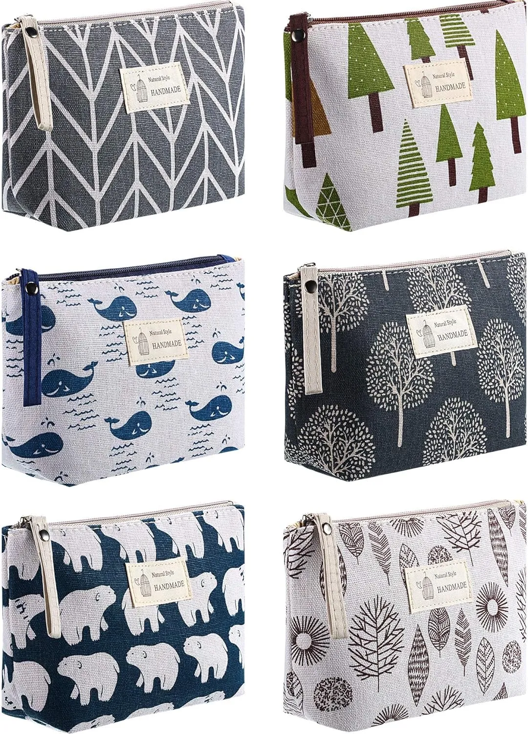 Boao 6 Pieces Canvas Cosmetic Bags Pouches for Purse with Zipper Printed Makeup Bag Multi Function Canvas Travel Pouch Organizer Pouch for Women Vacation Travel, 6 Styles(Tree Style)