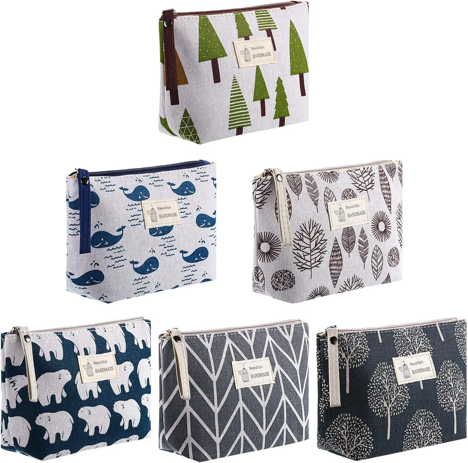 Boao 6 Pieces Canvas Cosmetic Bags Pouches for Purse with Zipper Printed Makeup Bag Multi Function Canvas Travel Pouch Organizer Pouch for Women Vacation Travel, 6 Styles(Tree Style)