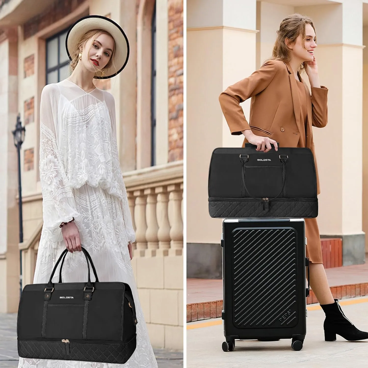 BOLOSTA Large Weekender Bags for Women with Shoe Compartment & Wet Pocket, Carry on Overnight Bags with Toiletry Bag, Personal Item Travel Duffle Tote Bag for Travel, Gym, Business, Black