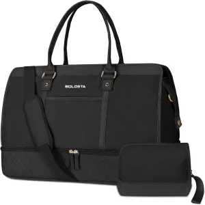 BOLOSTA Large Weekender Bags for Women with Shoe Compartment & Wet Pocket, Carry on Overnight Bags with Toiletry Bag, Personal Item Travel Duffle Tote Bag for Travel, Gym, Business, Black