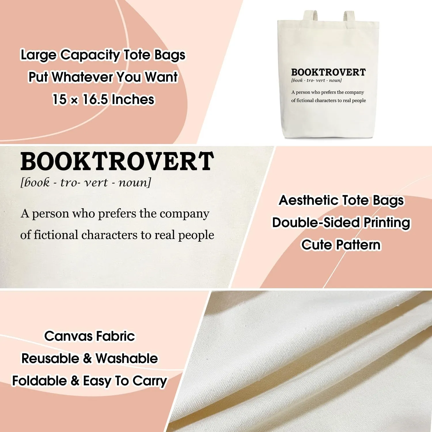 Book Tote Bag Aesthetic, Book Lover Gift for Women Canvas Tote Bag, Booktrovert Reading Gifts for Women Writer Teacher Reader, Library Book Bag, Shopping Reusable Grocery Beach Shoulder Bag /A46