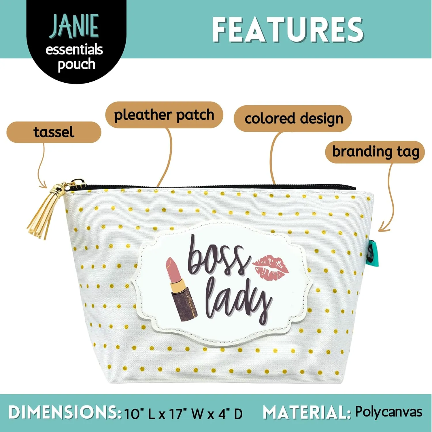 Boss Lady Janie Pouch Gifts for Women Gold Dotted Makeup Bags Cosmetic Bag Travel Toiletry Makeup Pouch Pencil Bag with Zipper Best Work Bestie Gifts