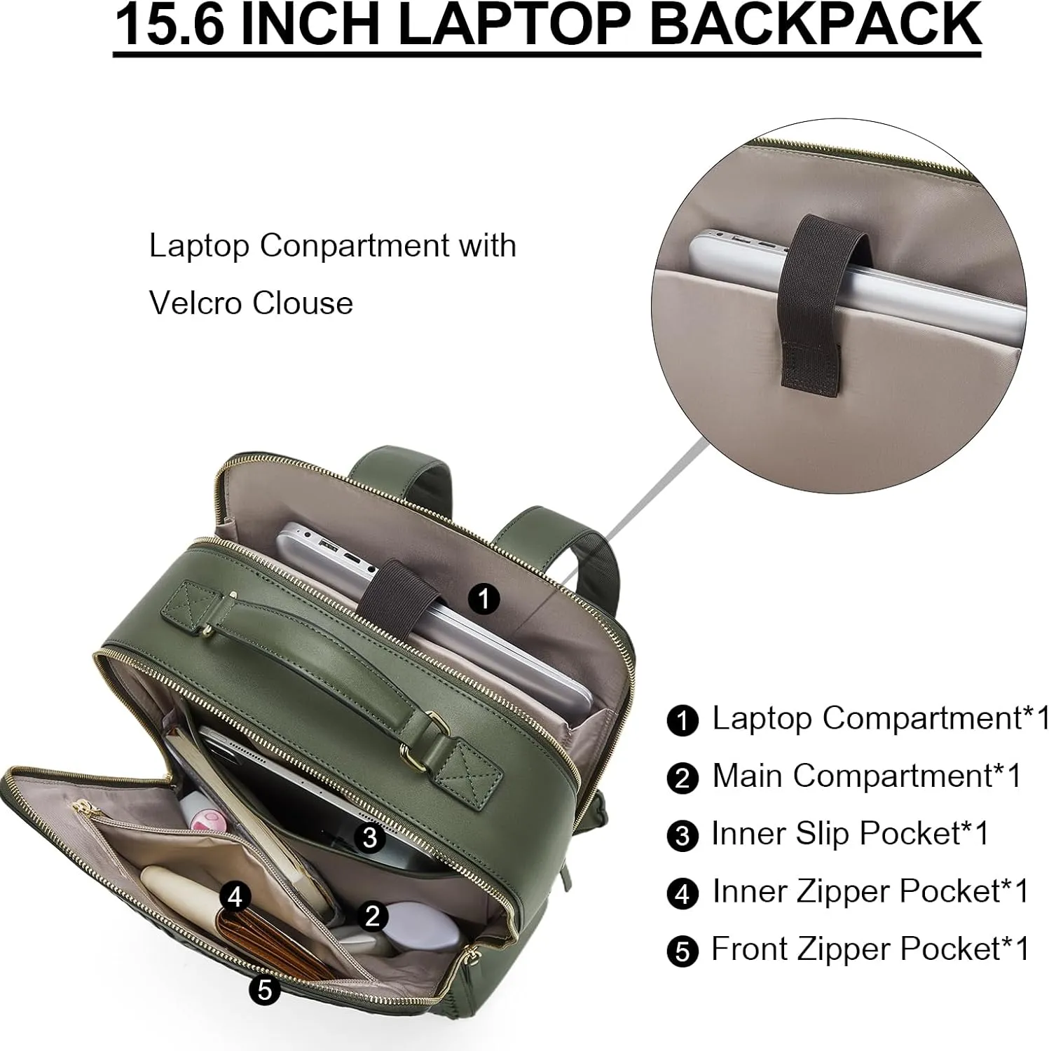 BOSTANTEN Leather Backpack 15.6 inch Laptop Bag Travel Casual Computer Backpack College Business Work Shoulder Bags with Trolley Sleeve for Women Men Olive Green