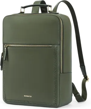 BOSTANTEN Leather Backpack 15.6 inch Laptop Bag Travel Casual Computer Backpack College Business Work Shoulder Bags with Trolley Sleeve for Women Men Olive Green