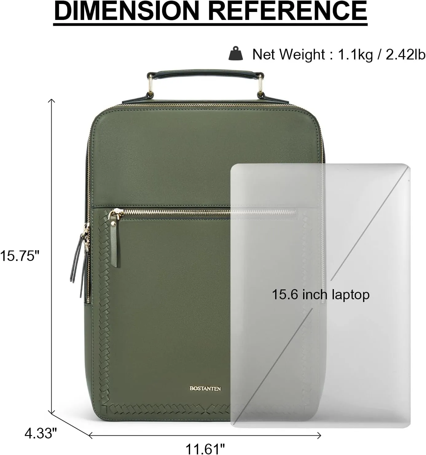 BOSTANTEN Leather Backpack 15.6 inch Laptop Bag Travel Casual Computer Backpack College Business Work Shoulder Bags with Trolley Sleeve for Women Men Olive Green
