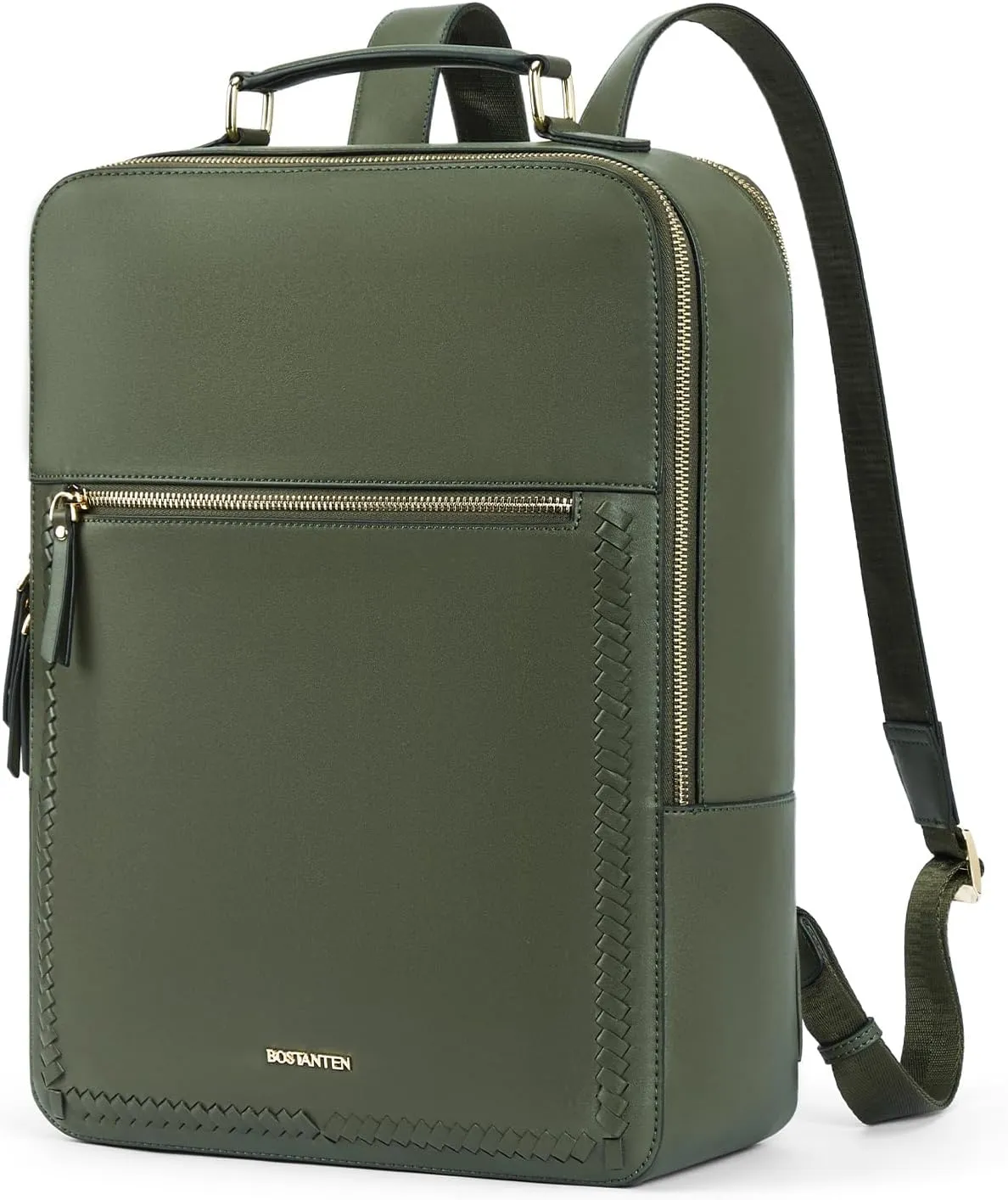 BOSTANTEN Leather Backpack 15.6 inch Laptop Bag Travel Casual Computer Backpack College Business Work Shoulder Bags with Trolley Sleeve for Women Men Olive Green