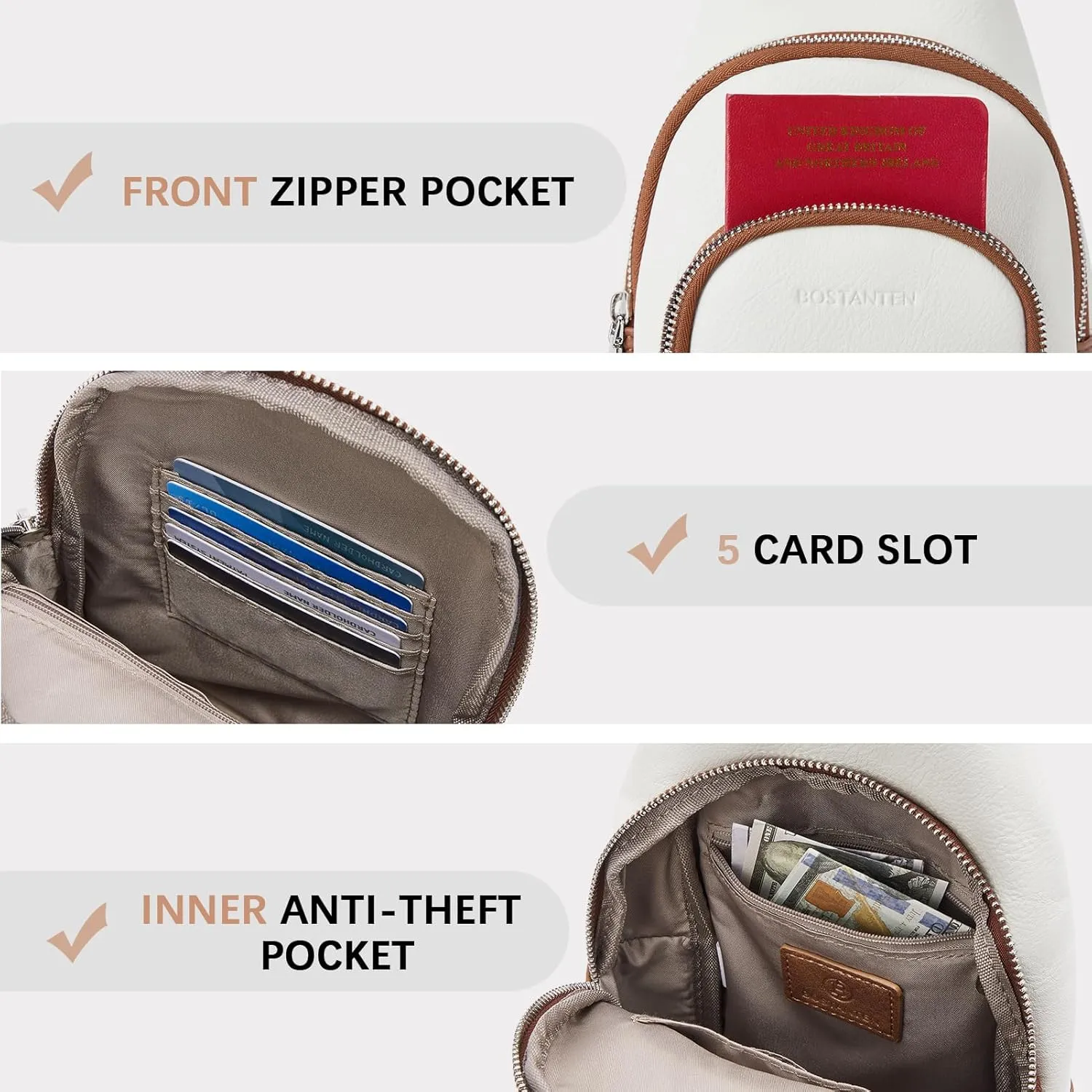 BOSTANTEN Sling Bag for Women Crossbody Purse Crossbody Bag Leather Chest Bag with Adjustable Guitar Strap for Travel