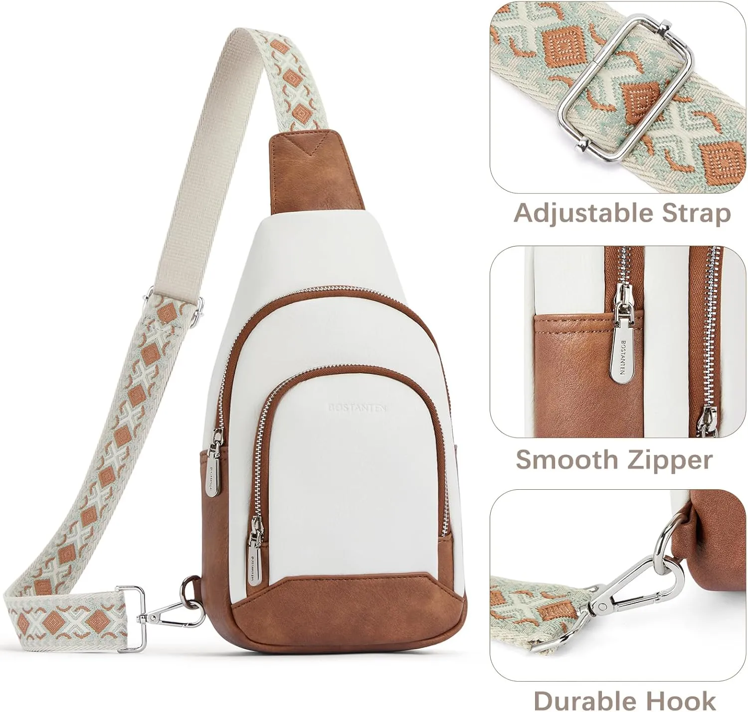 BOSTANTEN Sling Bag for Women Crossbody Purse Crossbody Bag Leather Chest Bag with Adjustable Guitar Strap for Travel