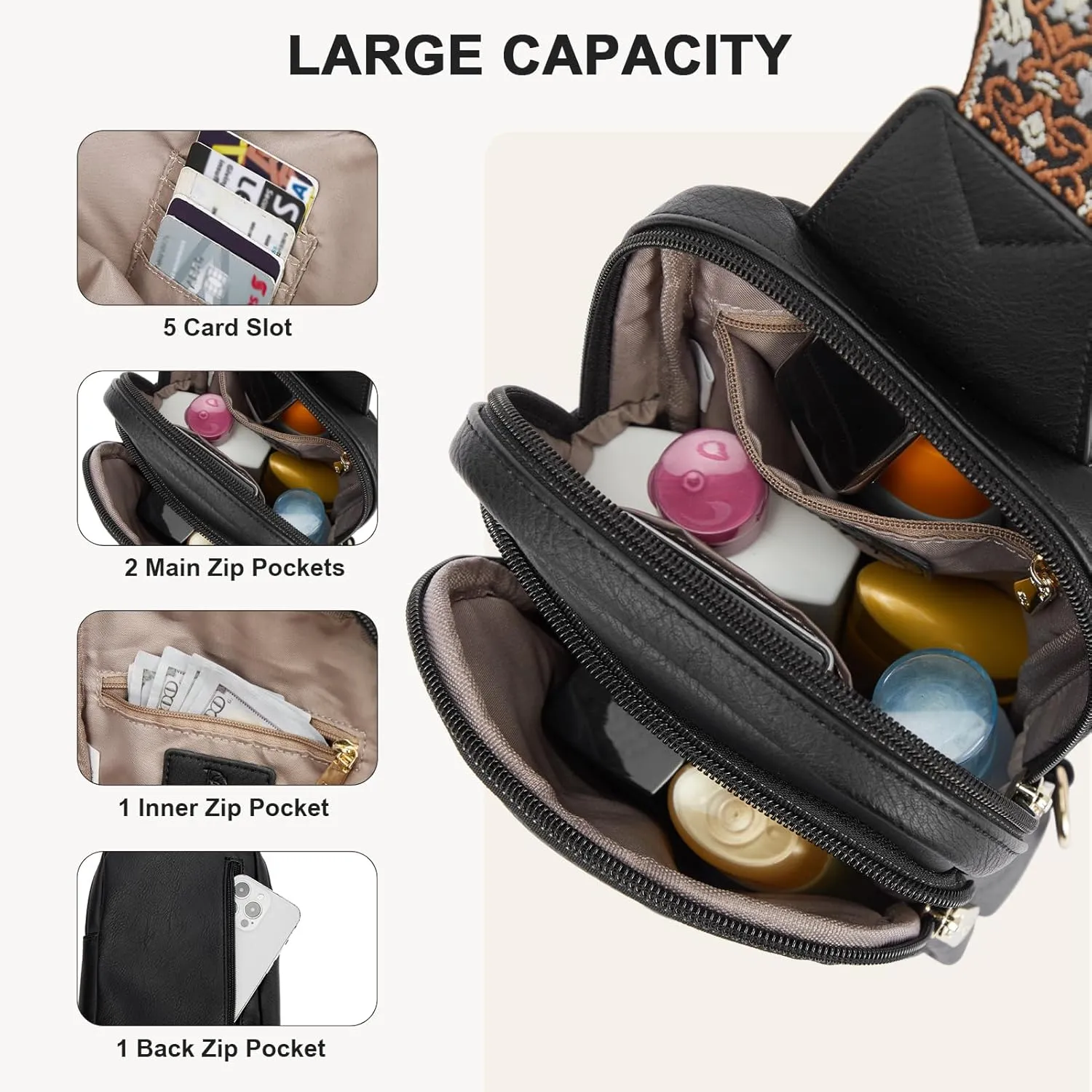 BOSTANTEN Sling Bag Quilted Crossbody Bags for Women Cross Body Purse Leather Fanny Pack with Adjustable Guitar Strap
