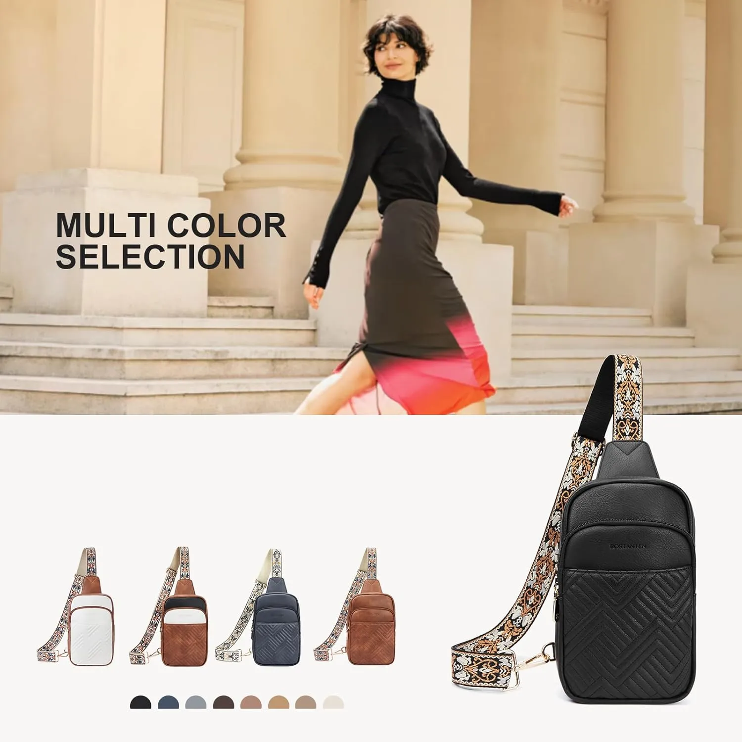 BOSTANTEN Sling Bag Quilted Crossbody Bags for Women Cross Body Purse Leather Fanny Pack with Adjustable Guitar Strap