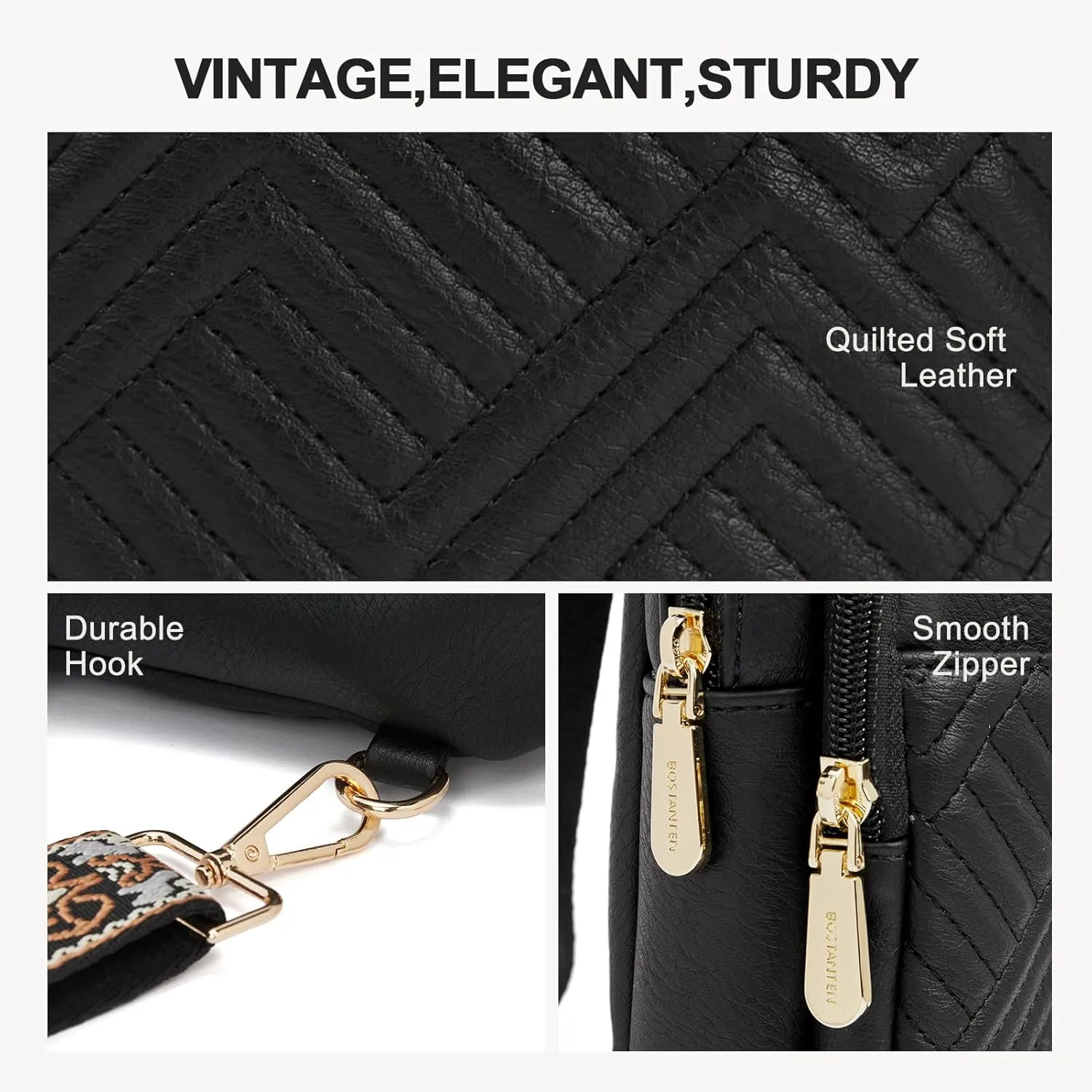 BOSTANTEN Sling Bag Quilted Crossbody Bags for Women Cross Body Purse Leather Fanny Pack with Adjustable Guitar Strap