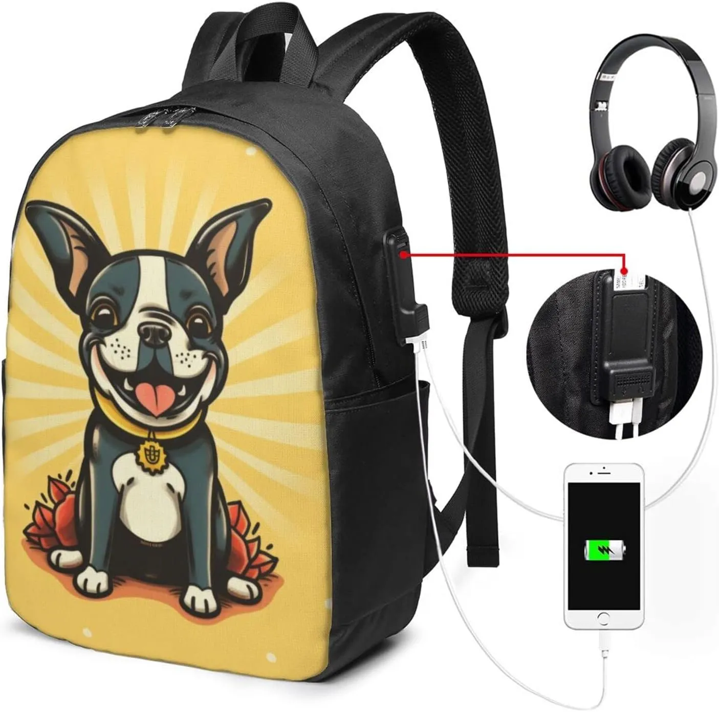 Boston Terrier Travel Laptop Backpack for Women Men, 17 Inch Business Backpack with USB Charger Port