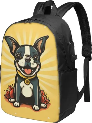 Boston Terrier Travel Laptop Backpack for Women Men, 17 Inch Business Backpack with USB Charger Port