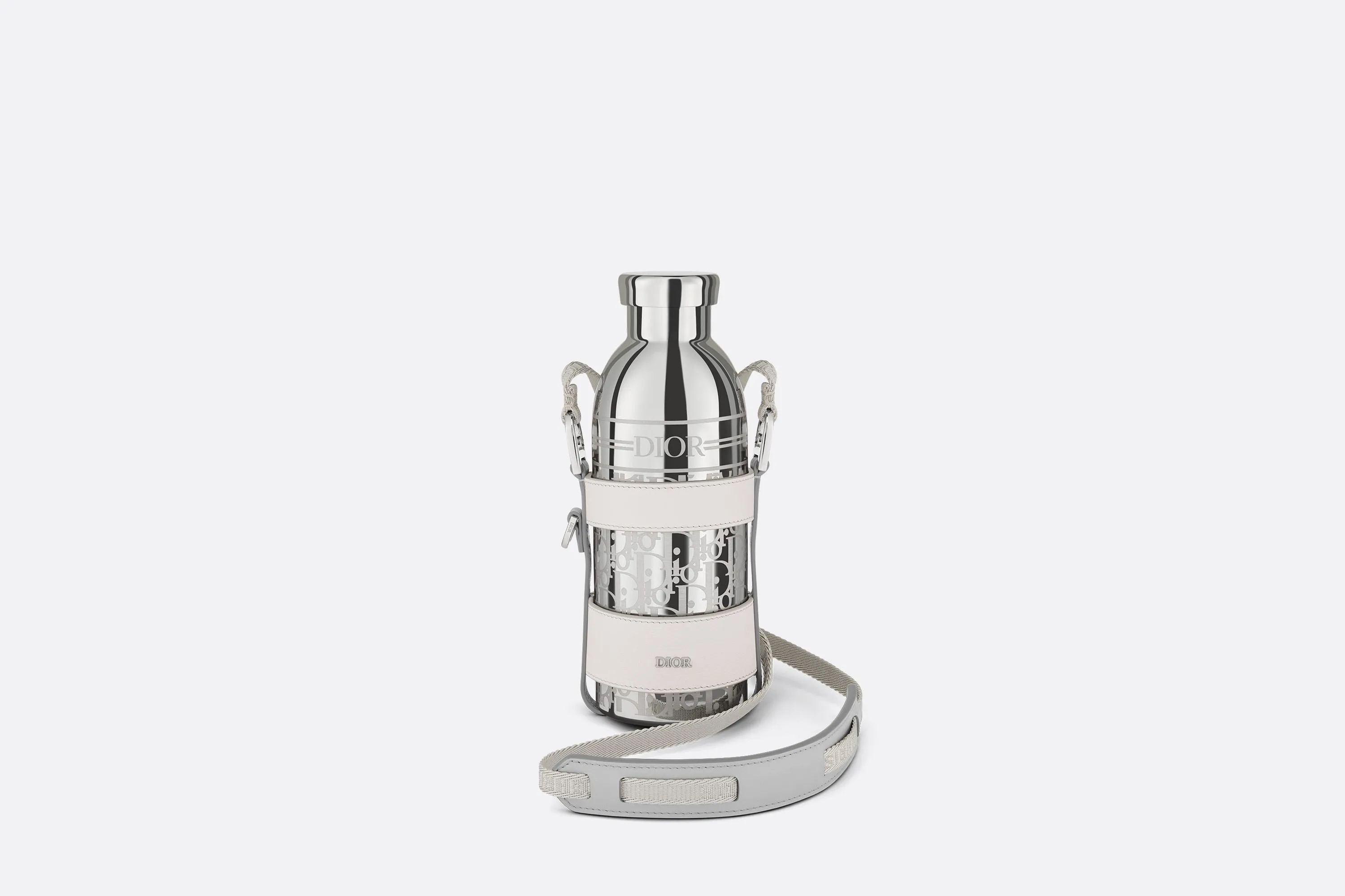 Bottle Holder with Shoulder Strap and Bottle • Off-White Grained Calfskin and Palladium-Finish Stainless Steel with Dior Oblique Motif