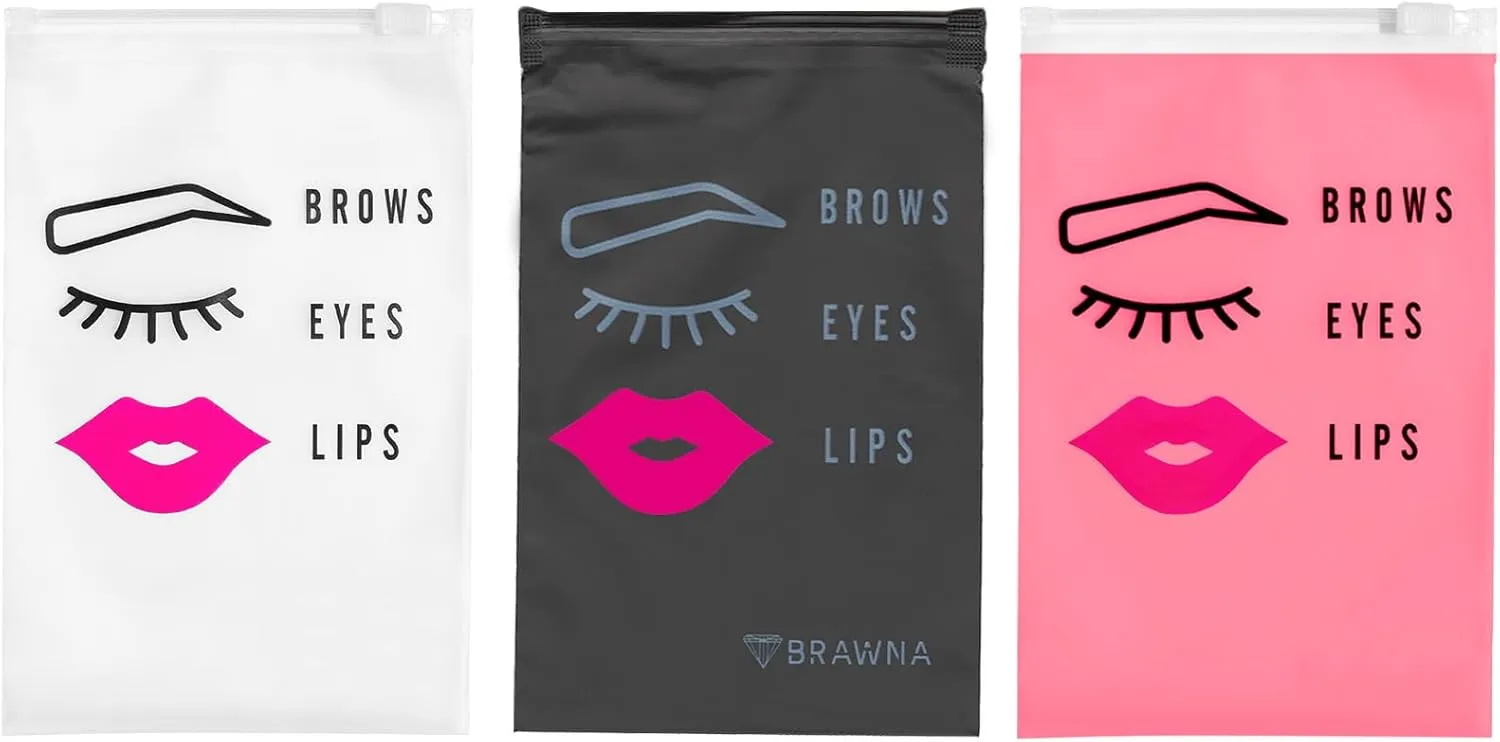 BRAWNA 60 Pack PMU Brows Eyes Lips Aftercare Bags - Eyebrow Aftercare Bags - Microblading Aftercare bags - PMU Kit - Pink, Frostd, Black