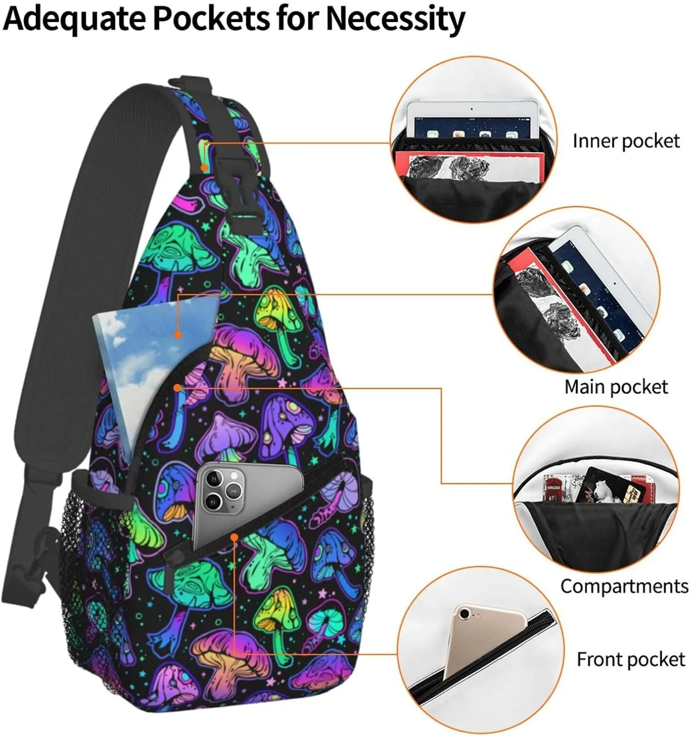 Bright Mushrooms Sling Bag For Women Men Mushroom Backpack Crossbody Shoulder Bag Sling Backpack Chest Bag Travel Hiking Casual Sport Daypack