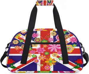 British Flag Gym Duffel Bag for Men Women Cartoon Flower Sports Tote Bag with Adjustable Shoulder Strap for Dance Gymnastics Traveling Outdoor Camping Overnight Stay