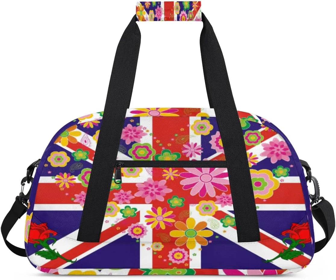 British Flag Gym Duffel Bag for Men Women Cartoon Flower Sports Tote Bag with Adjustable Shoulder Strap for Dance Gymnastics Traveling Outdoor Camping Overnight Stay
