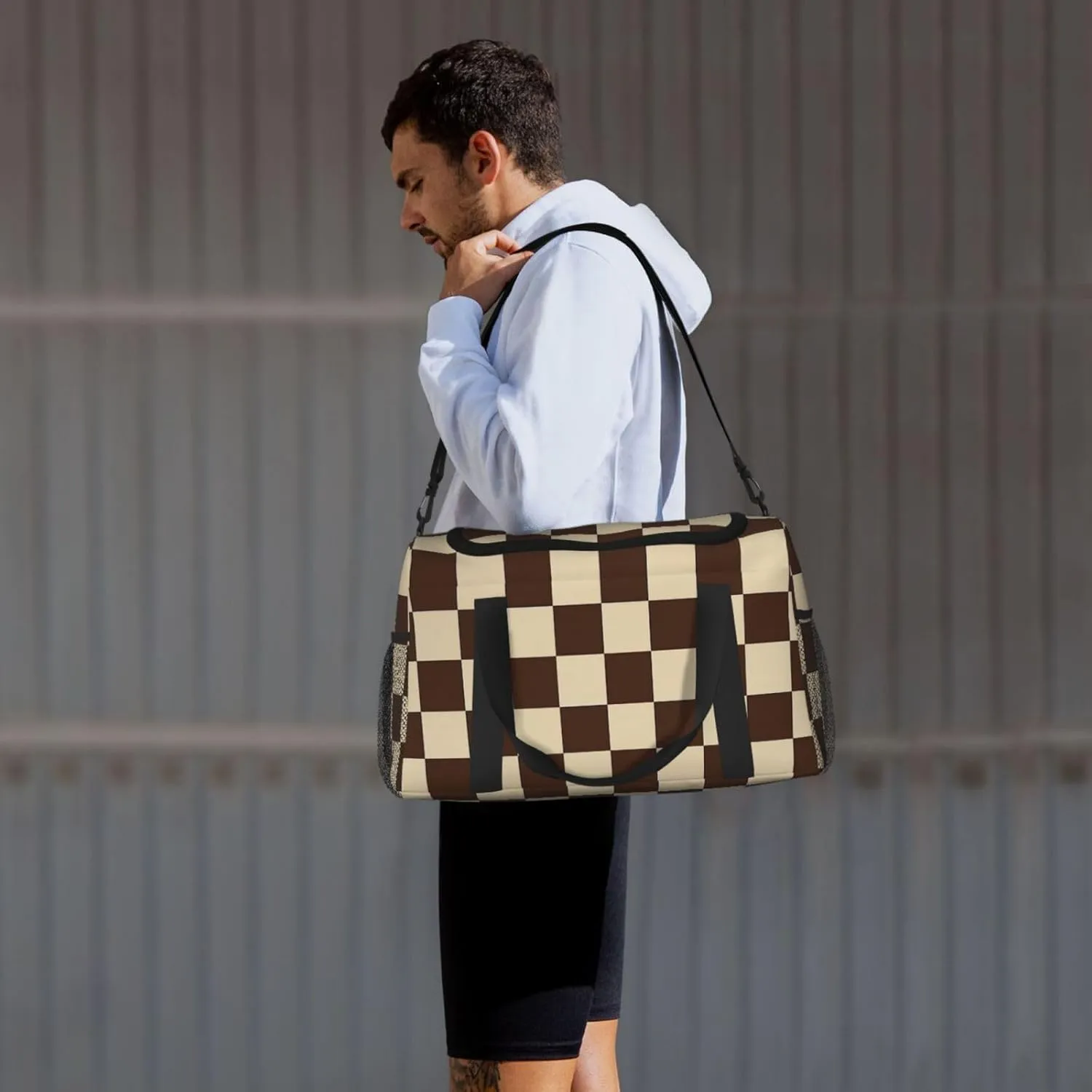 Brown Checkered Duffle Bag Foldable Travel Tote Bag Carry On Large Weekender Overnight Bags Waterproof Gym Bag For Women Men