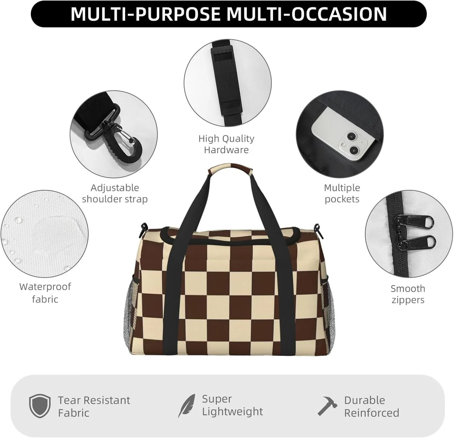 Brown Checkered Duffle Bag Foldable Travel Tote Bag Carry On Large Weekender Overnight Bags Waterproof Gym Bag For Women Men