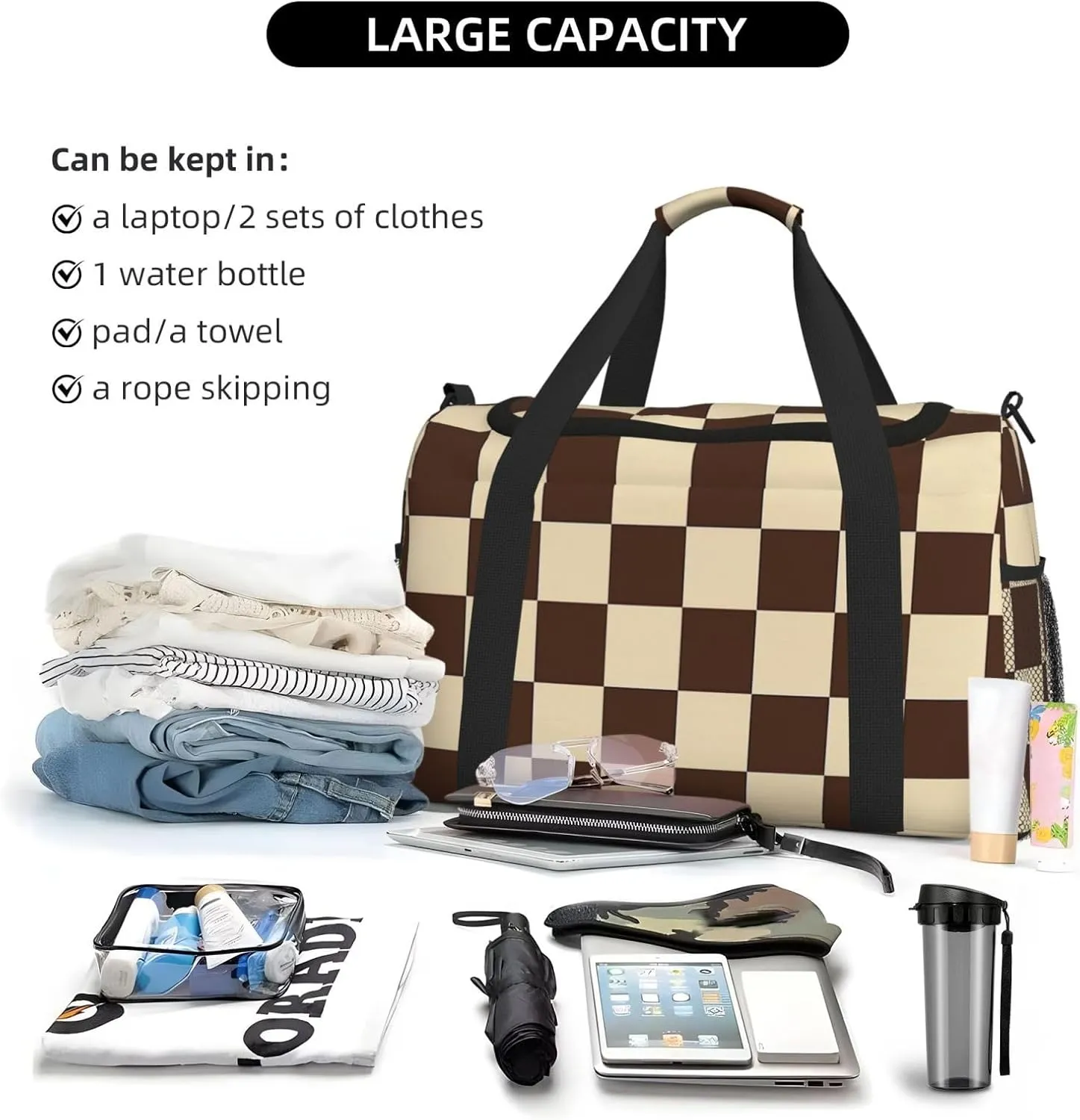 Brown Checkered Duffle Bag Foldable Travel Tote Bag Carry On Large Weekender Overnight Bags Waterproof Gym Bag For Women Men