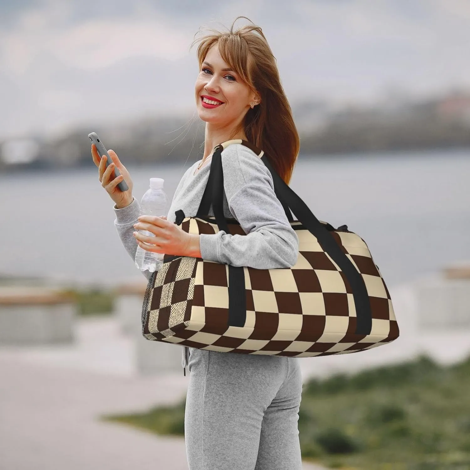 Brown Checkered Duffle Bag Foldable Travel Tote Bag Carry On Large Weekender Overnight Bags Waterproof Gym Bag For Women Men