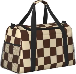 Brown Checkered Duffle Bag Foldable Travel Tote Bag Carry On Large Weekender Overnight Bags Waterproof Gym Bag For Women Men