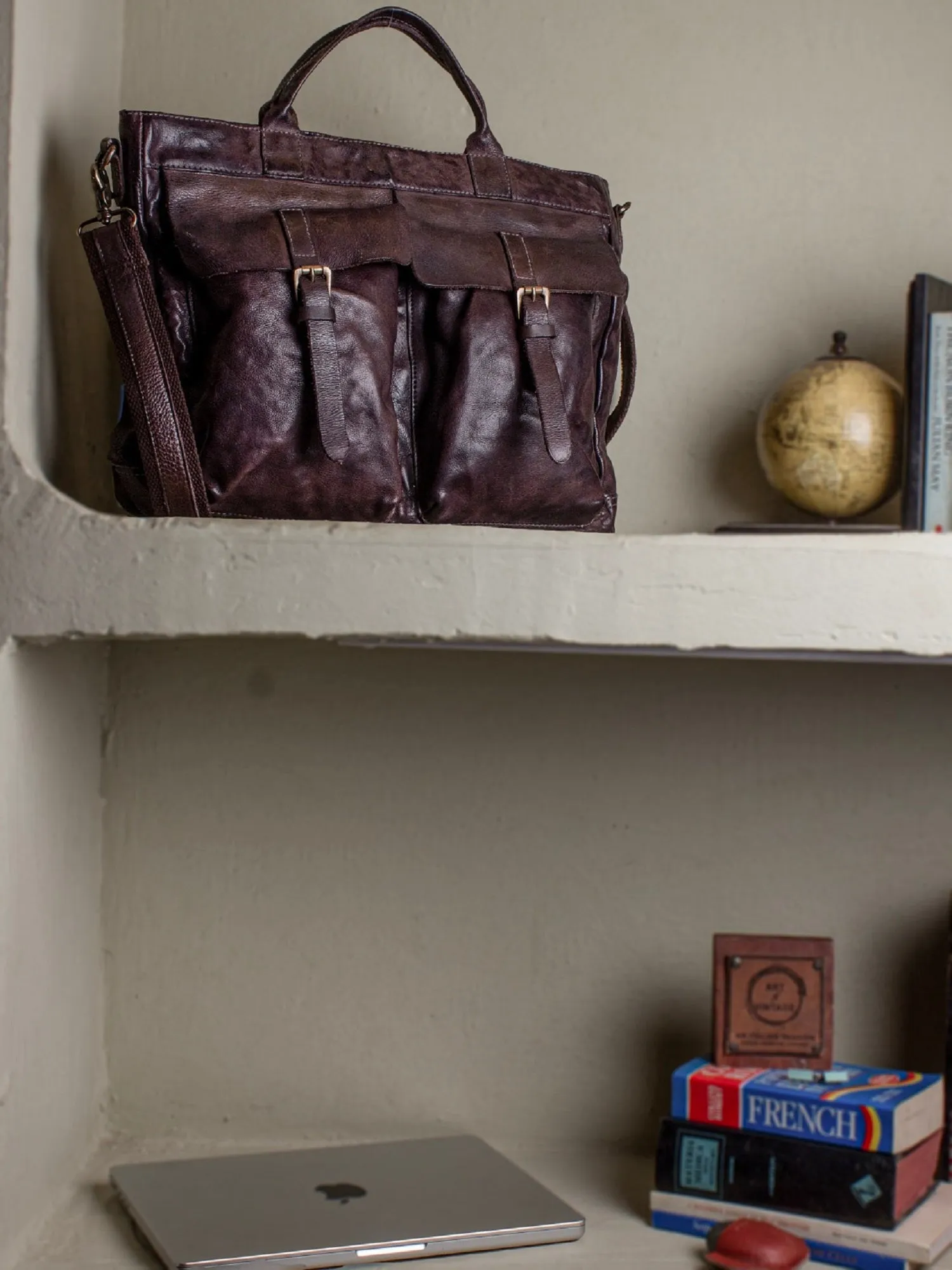 Brown Leather Laptop Bag With Front Pocket For Men & Women by art n vintage