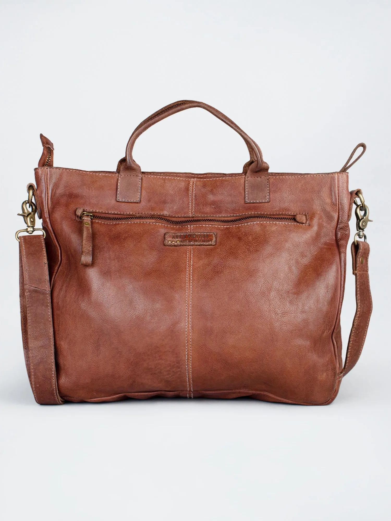 Brown Leather Laptop Bag With Front Pocket For Men & Women by art n vintage