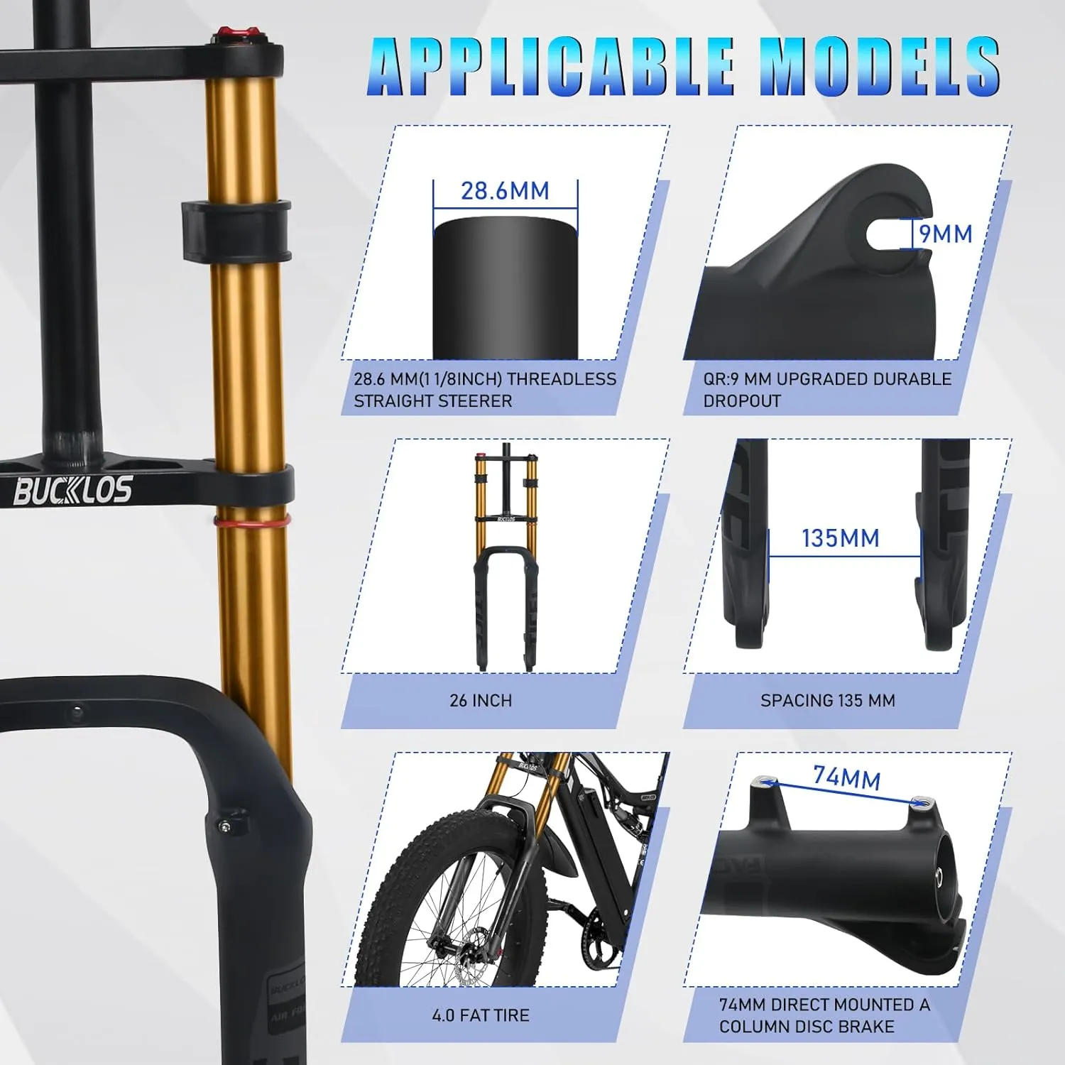 BUCKLOS 26 inch 4.0 Fat Tire Electric Bike Air Suspension Fork, 180mm Travel Spacing Hub 135mm 1 1/8 Straight Tube MTB Manual Lockout 9mm QR Mountain Bike Double Shoulder Ebike Front Forks