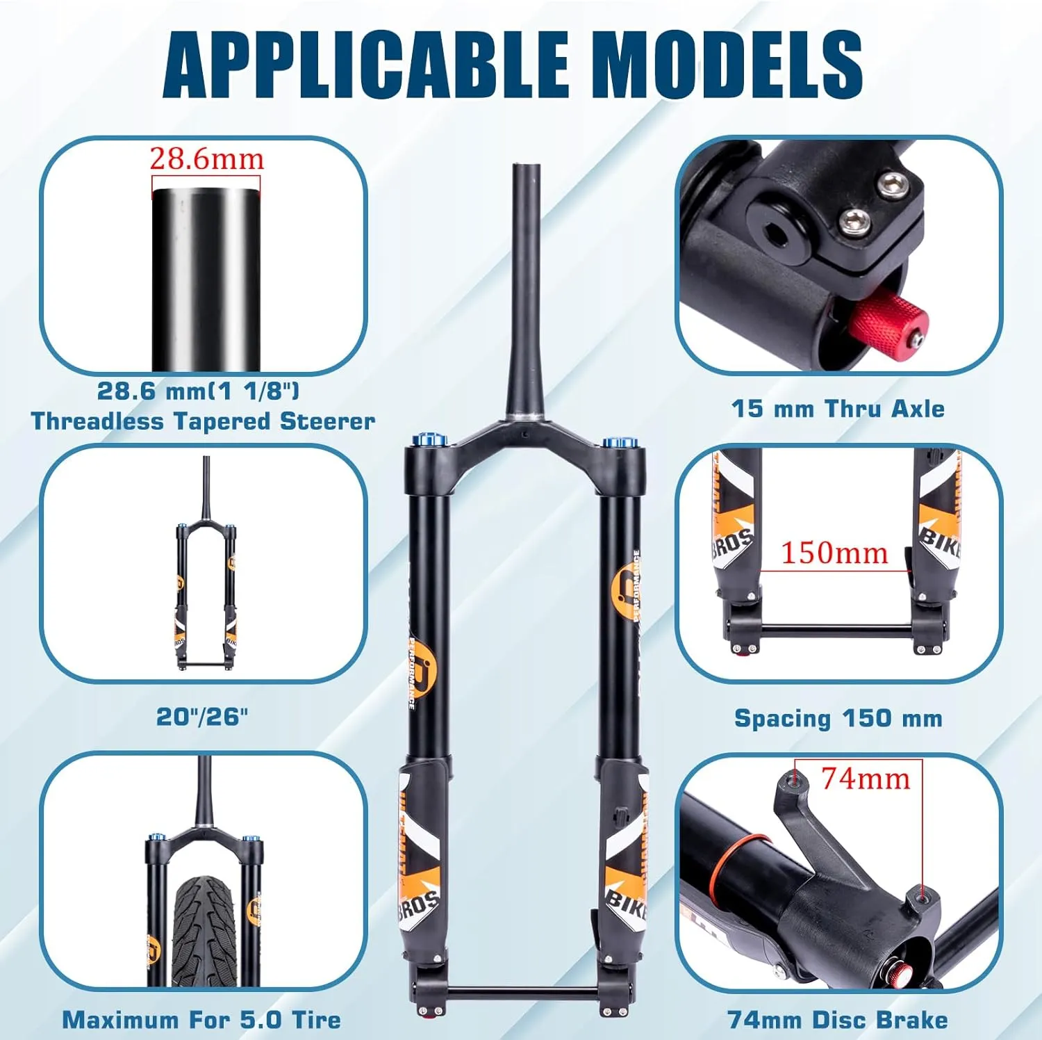 BUCKLOS Fat Tire 5.0 20/26 inch Air Electric Mountain Bike Inverted Suspension Fork, Thru Axle 15 * 150mm 140/180mm Travel Rebound Adjustment Tapered Front Forks, for Snow Beach E-Bike MTB