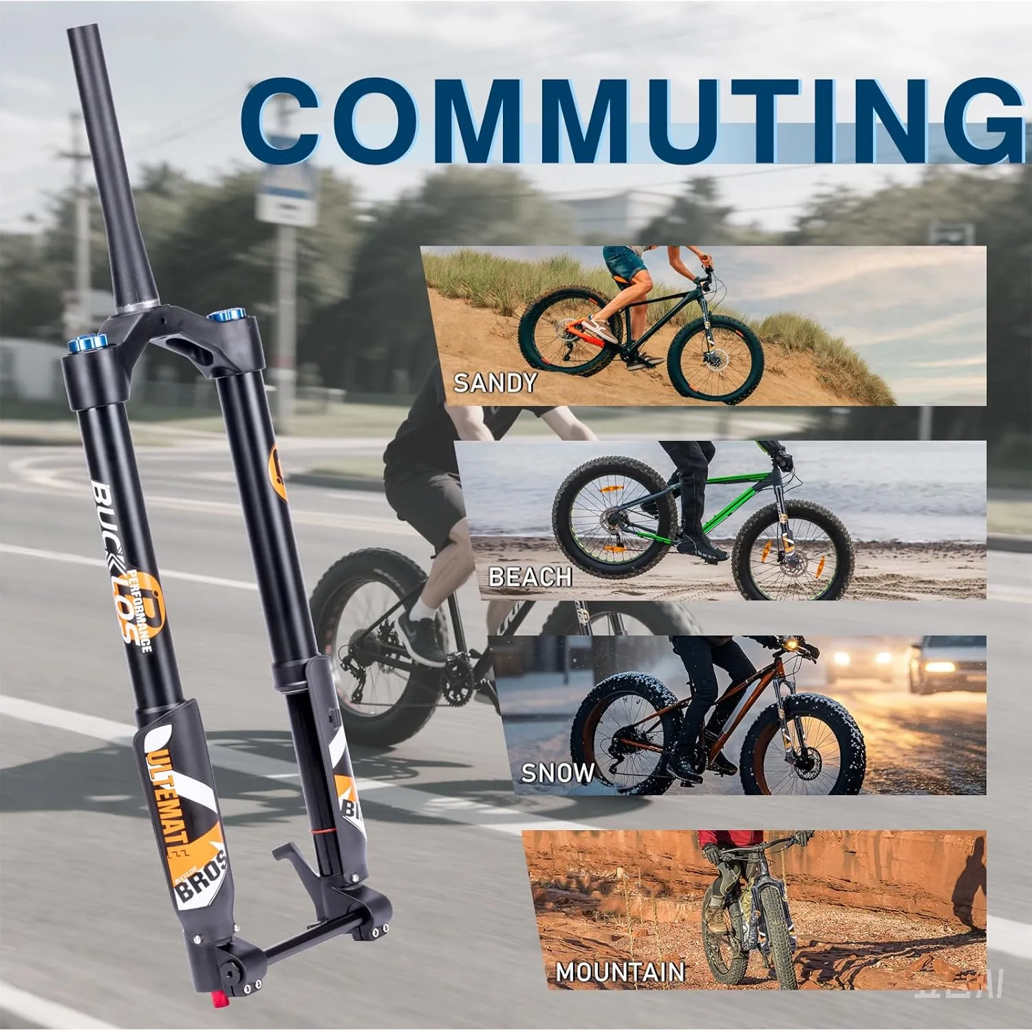 BUCKLOS Fat Tire 5.0 20/26 inch Air Electric Mountain Bike Inverted Suspension Fork, Thru Axle 15 * 150mm 140/180mm Travel Rebound Adjustment Tapered Front Forks, for Snow Beach E-Bike MTB