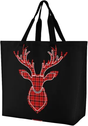 Buffalo Plaid Deer Head Women's Shoulder Shopping Bags Foldable Tote Bag Large Capacity Handbag for Work Travel