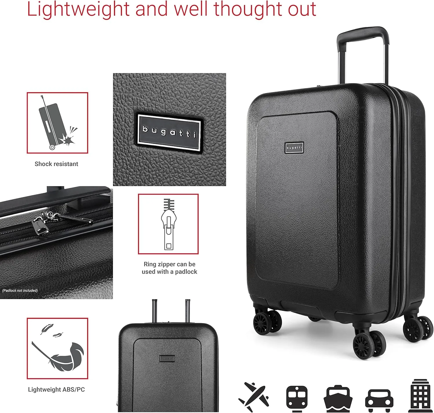 Bugatti Milano Collection 20 Inch Hard Shell Spinner Carry On Bag for Airplanes, Hardside Expandable Suitcase with 360-Degree Spinner Wheels, Retractable Handle, Airline Approved, Charcoal Gray
