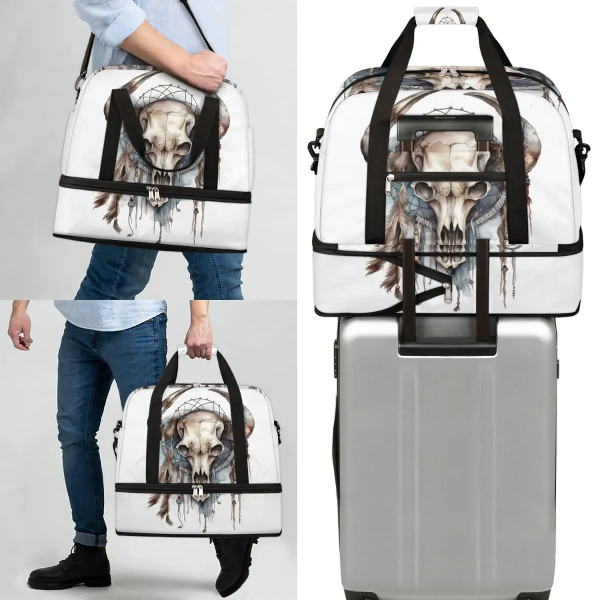 Bull head skulls Foldable Duffle Bag with Shoes Compartment Large Capacity Waterproof Travel Weekender Bag Overnight Bag for Sports Gym