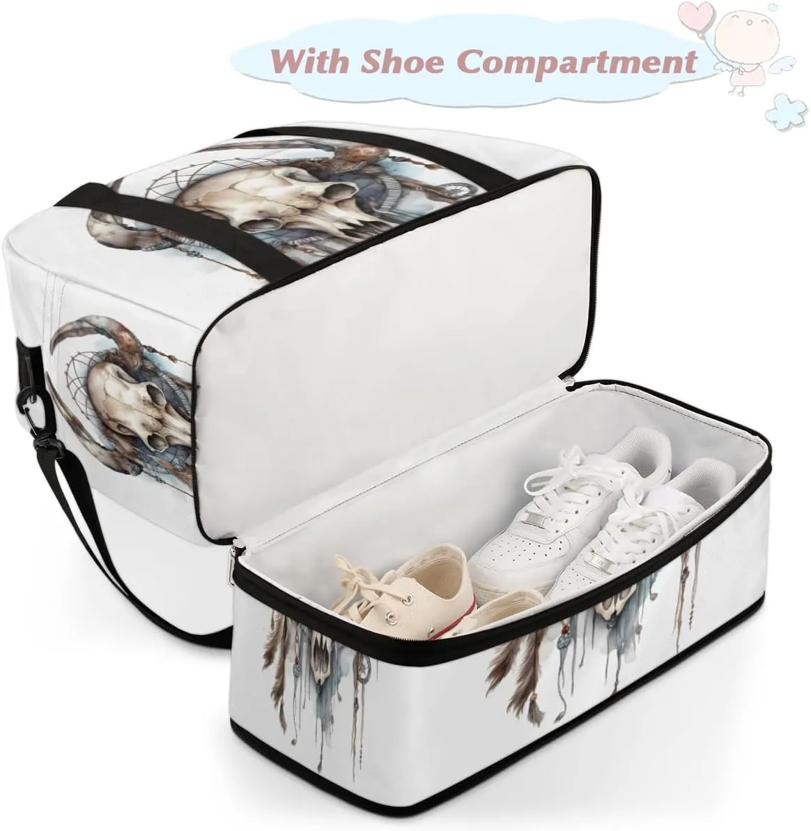Bull head skulls Foldable Duffle Bag with Shoes Compartment Large Capacity Waterproof Travel Weekender Bag Overnight Bag for Sports Gym