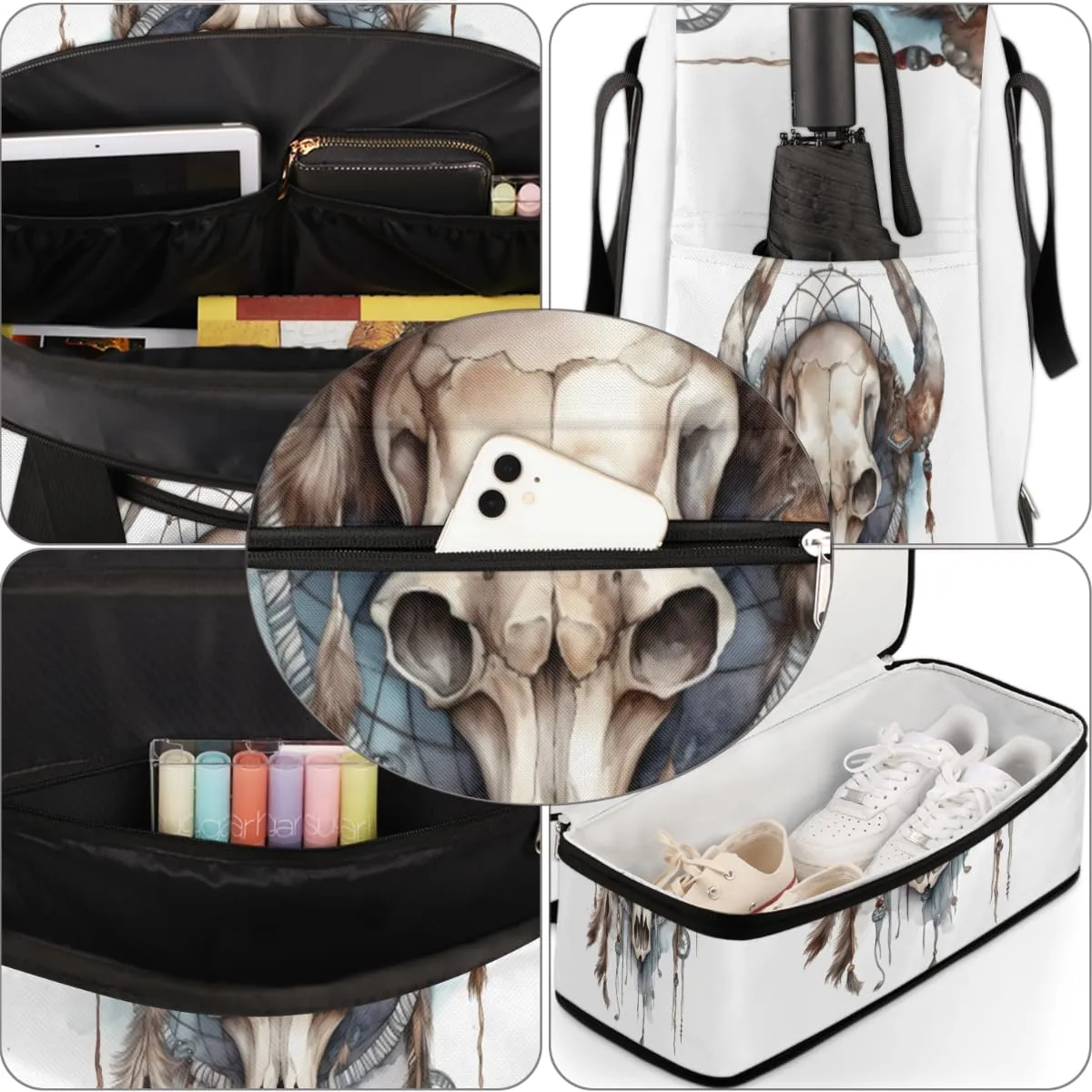 Bull head skulls Foldable Duffle Bag with Shoes Compartment Large Capacity Waterproof Travel Weekender Bag Overnight Bag for Sports Gym