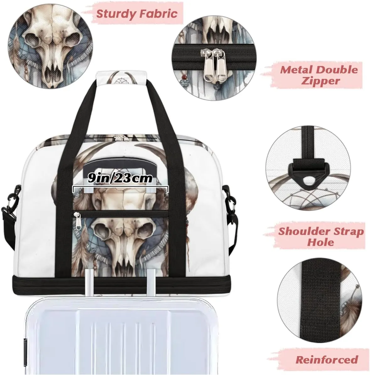 Bull head skulls Foldable Duffle Bag with Shoes Compartment Large Capacity Waterproof Travel Weekender Bag Overnight Bag for Sports Gym