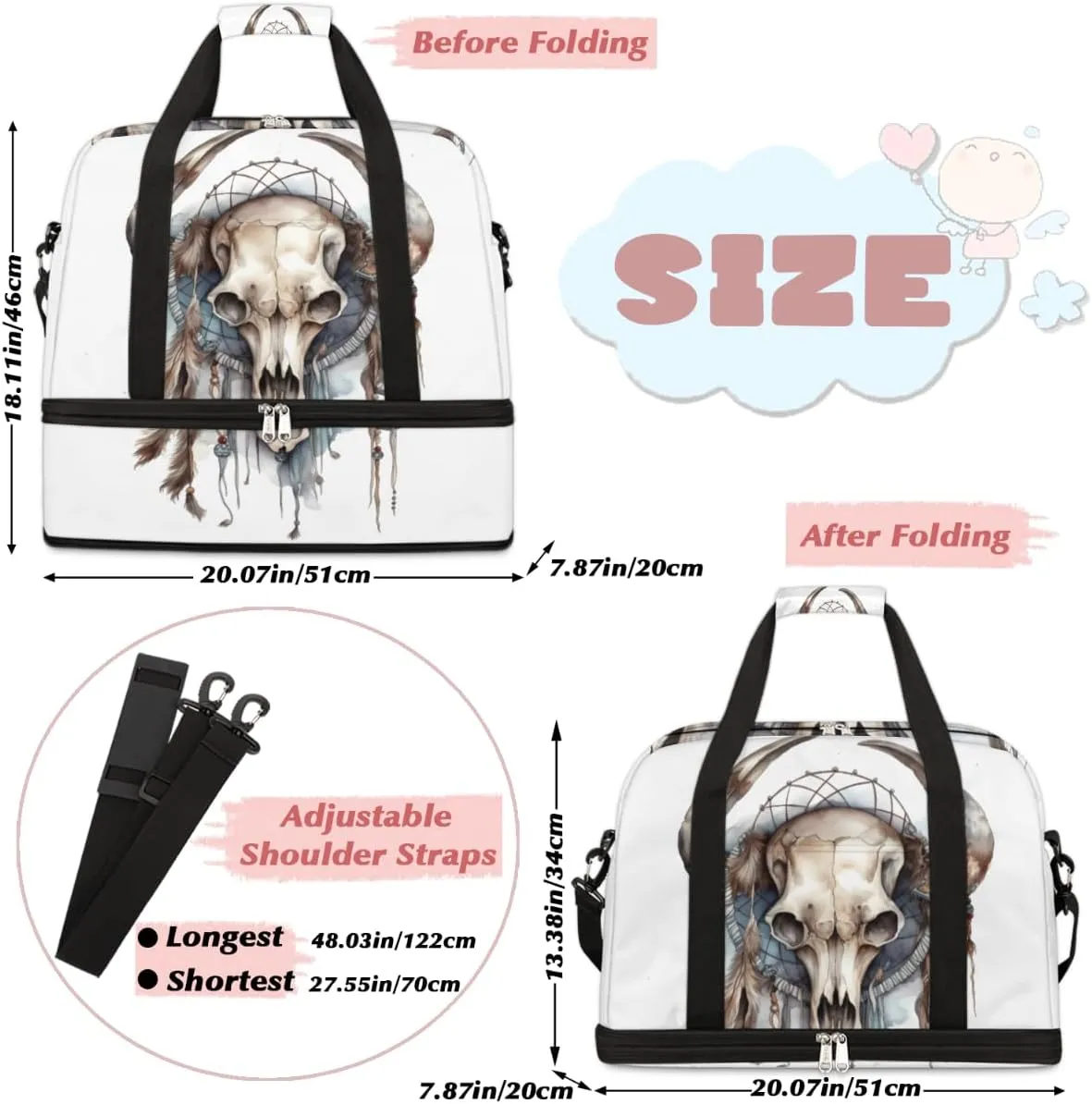 Bull head skulls Foldable Duffle Bag with Shoes Compartment Large Capacity Waterproof Travel Weekender Bag Overnight Bag for Sports Gym