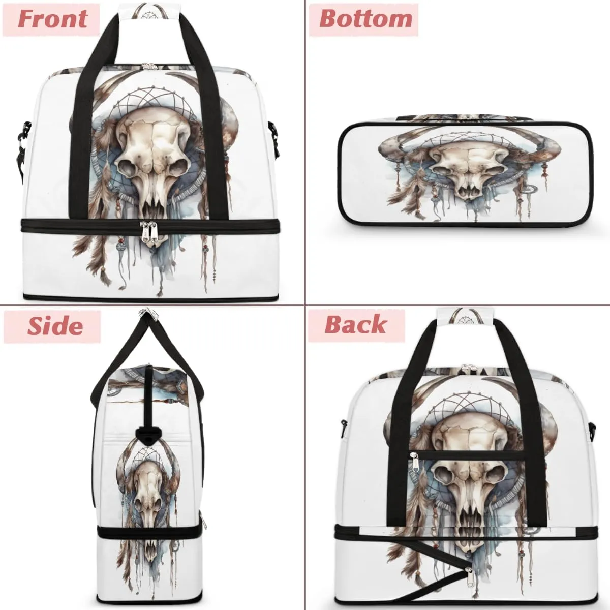 Bull head skulls Foldable Duffle Bag with Shoes Compartment Large Capacity Waterproof Travel Weekender Bag Overnight Bag for Sports Gym