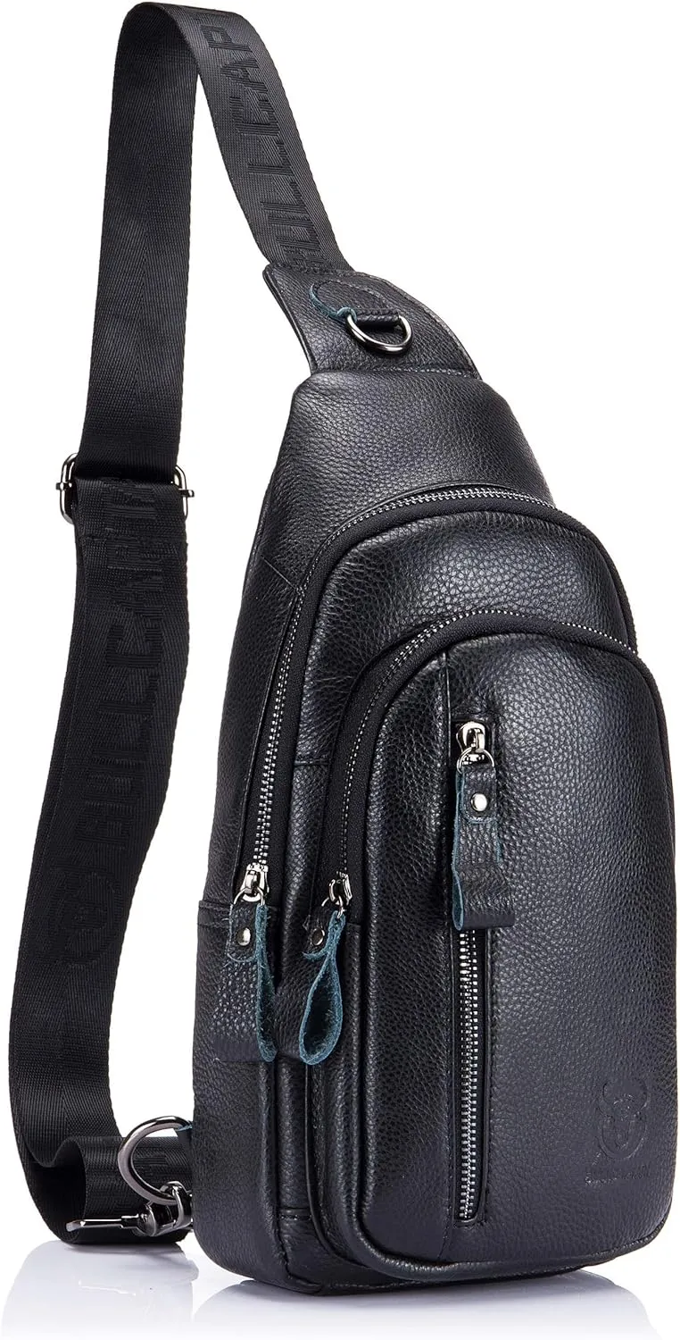 BULLCAPTAIN Mens Sling Bag Genuine Leather Chest Shoulder Backpack Crossbody Outdoor Travel Casual Daypack (blcak)
