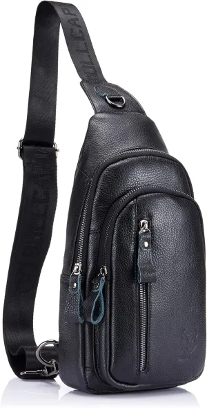 BULLCAPTAIN Mens Sling Bag Genuine Leather Chest Shoulder Backpack Crossbody Outdoor Travel Casual Daypack (blcak)