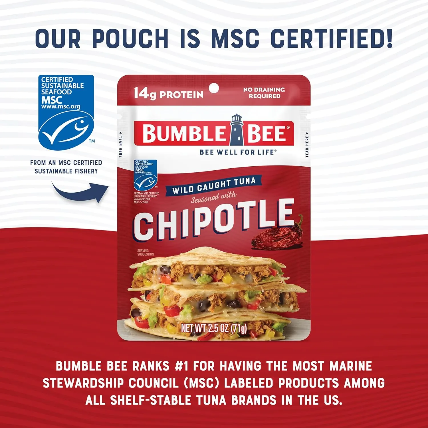 Bumble Bee Chipotle Seasoned Tuna, 2.5 oz Pouches (Pack of 12) - Ready to Eat - Wild Caught Tuna Packet - 14g Protein per Serving - Gluten Free