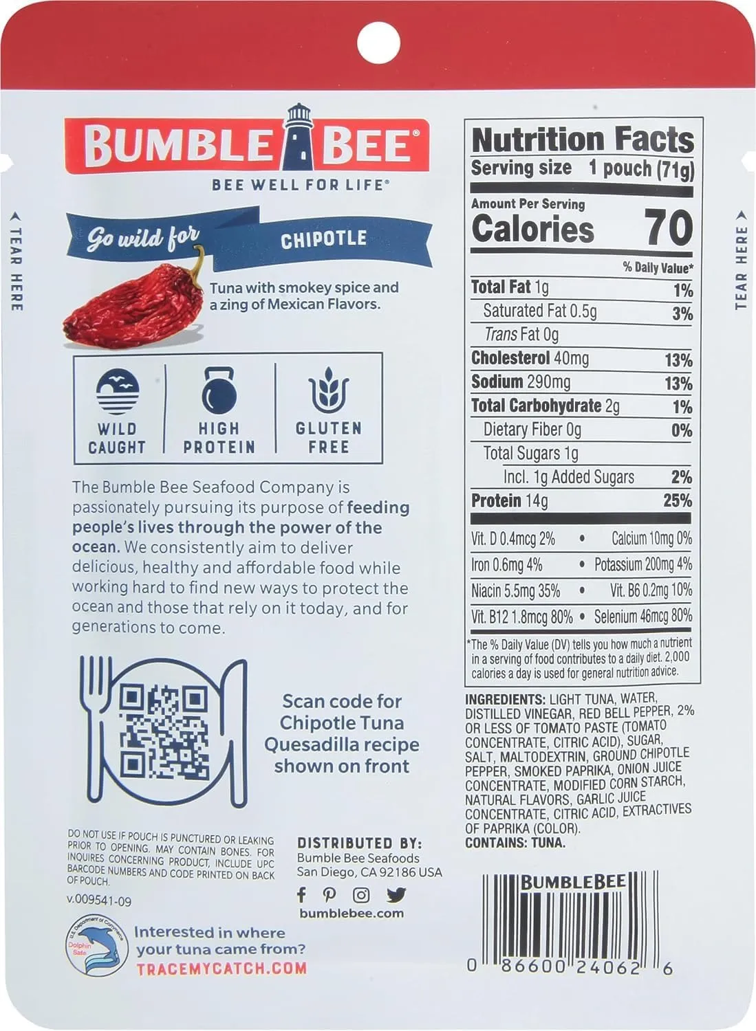 Bumble Bee Chipotle Seasoned Tuna, 2.5 oz Pouches (Pack of 12) - Ready to Eat - Wild Caught Tuna Packet - 14g Protein per Serving - Gluten Free