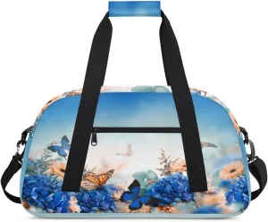 Butterflies Gym Duffel Bag for Men Women Hydrangeas Daisies Sports Tote Bag with Adjustable Shoulder Strap for Dance Gymnastics Traveling Outdoor Camping Overnight Stay