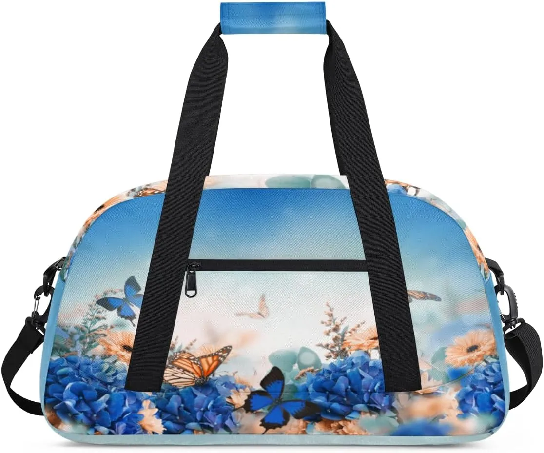 Butterflies Gym Duffel Bag for Men Women Hydrangeas Daisies Sports Tote Bag with Adjustable Shoulder Strap for Dance Gymnastics Traveling Outdoor Camping Overnight Stay