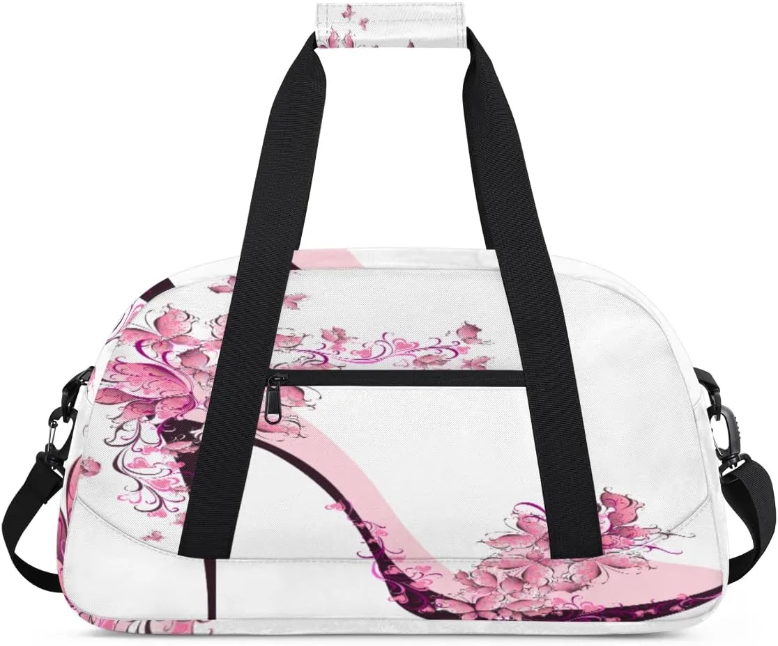 Butterfly High Heels Gym Duffel Bag for Men Women Pink Butterfly Sports Tote Bag with Adjustable Shoulder Strap for Dance Gymnastics Traveling Outdoor Camping Overnight Stay